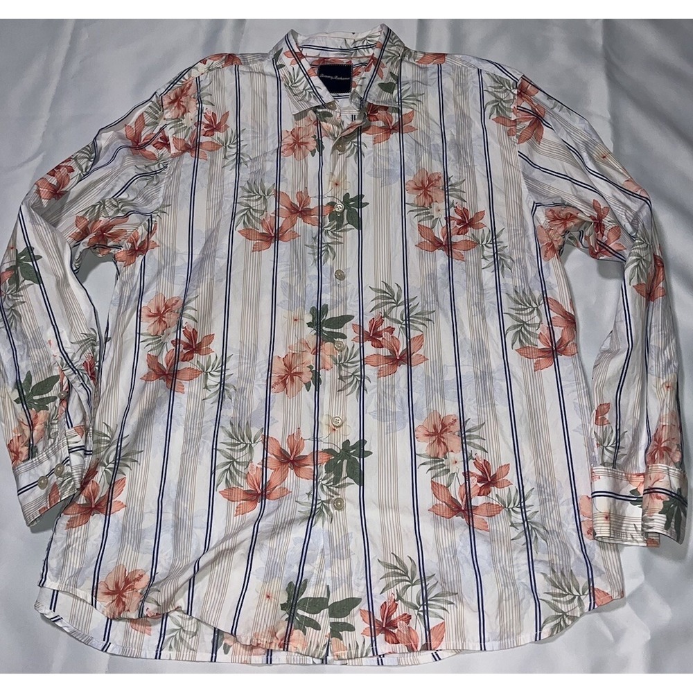 Tommy Bahama Shirt Men Xl Silk Blend Floral Button Long Sleeve Hawaii